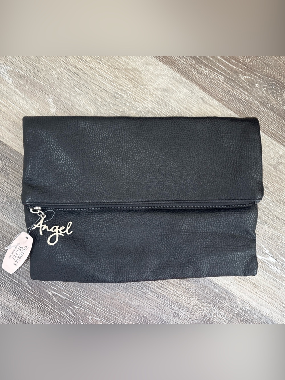 Victoria's Secret Angel Black Faux Leather Anniversary Foldover Clutch Purse Bag